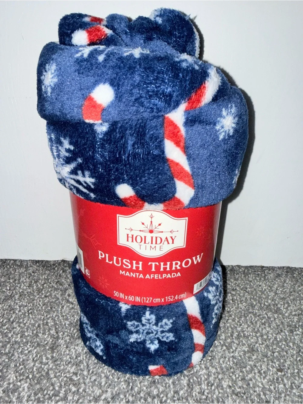 Holiday Time Plush Throw Blanket 50x60 Blue Candy Cane Snowflake Christmas NWT